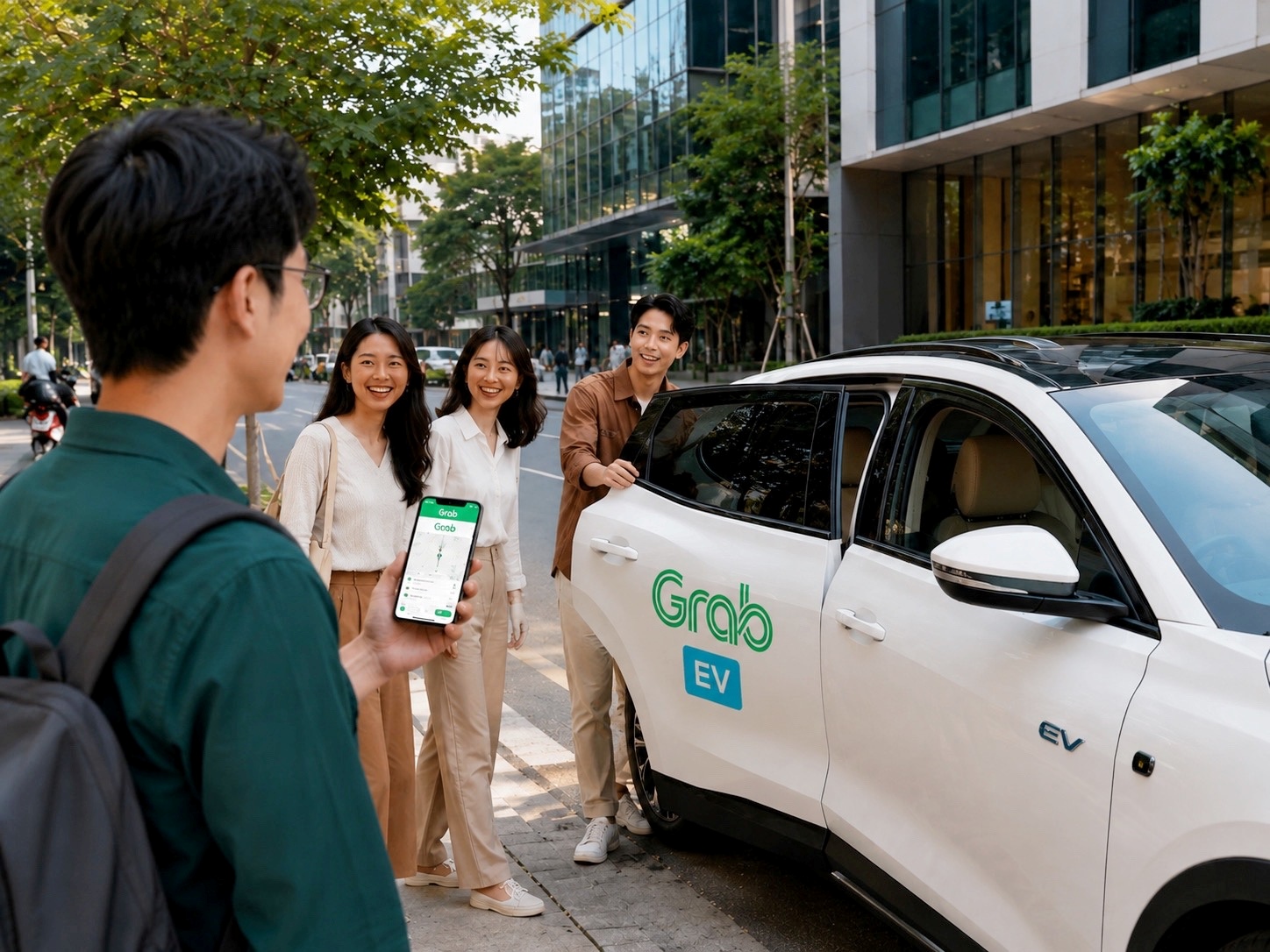 ภาพฟีเจอร์ Group Ride และบริการ Grab EV