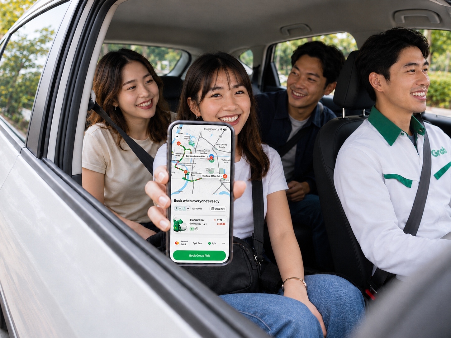 ภาพฟีเจอร์ Group Ride และบริการ Grab EV