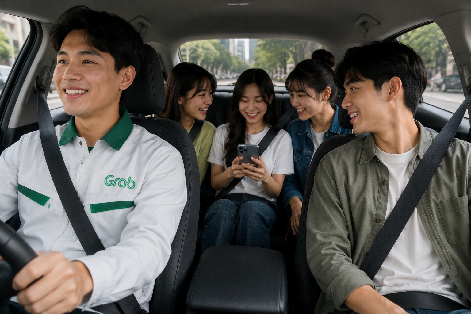 ภาพฟีเจอร์ Group Ride และบริการ Grab EV
