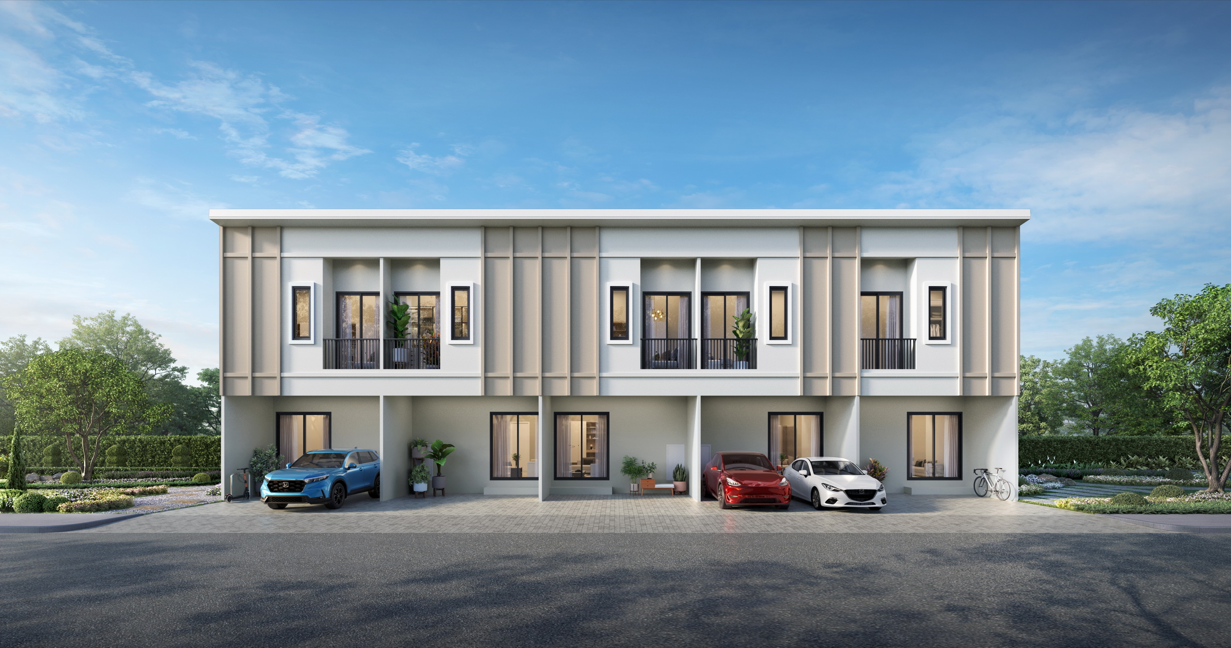 ภาพด้านหน้าโครงการที่อยู่อาศัยแนวราบภายใต้แบรนด์ PRESENSE ของ PRECHA