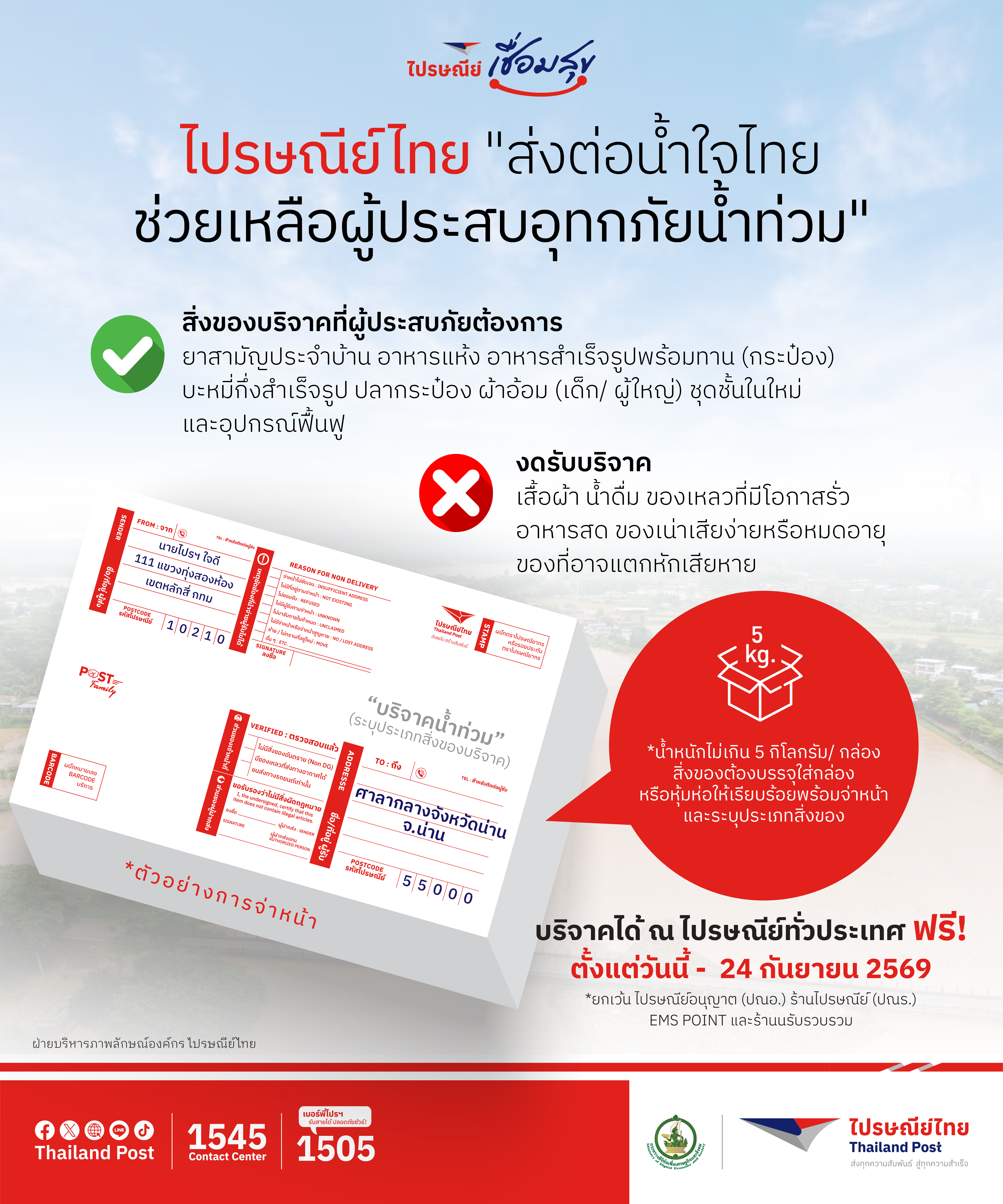 ภาพประชาสัมพันธ์แคมเปญไปรษณีย์ไทยช่วยเหลือผู้ประสบอุทกภัยจังหวัดน่าน
