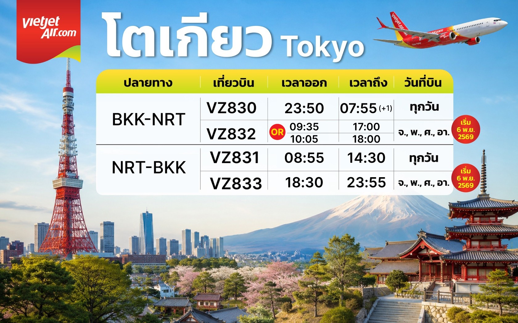 ตารางบินกรุงเทพฯ-โตเกียวของเวียตเจ็ทไทยแลนด์