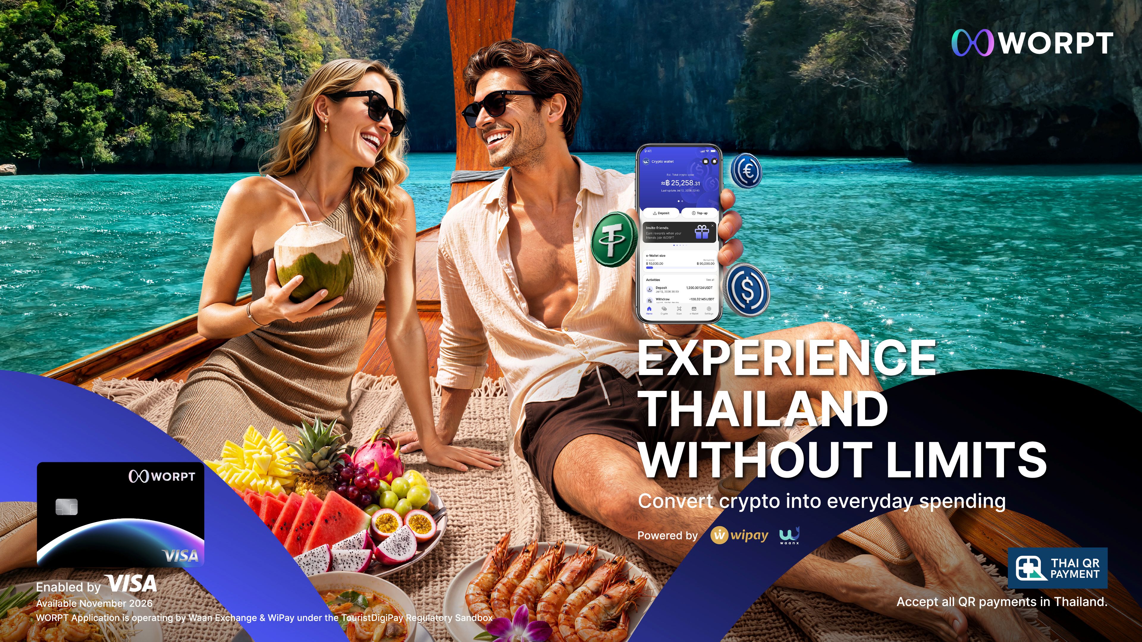 ภาพแสดงแอปพลิเคชัน WORPT และการเชื่อมคริปโทเคอร์เรนซีสู่การชำระเงิน