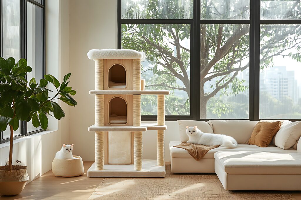 There Is A Cat Sitting On A Cat Tree In A Living Room