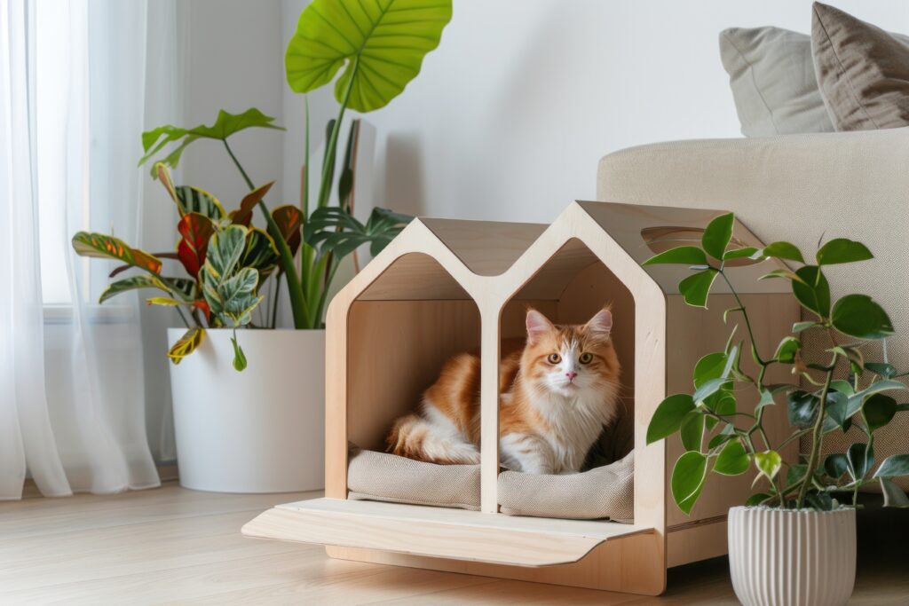 A Cat House Made With Plywood With Two Cats