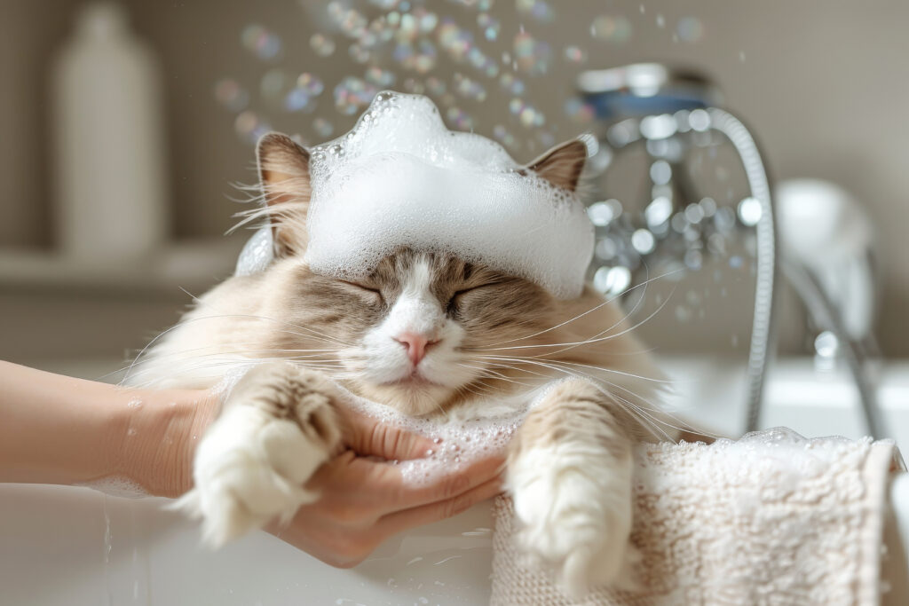 Cute White Fluffy Cat Enjoying A Bath With Bubbles And Gentle Grooming