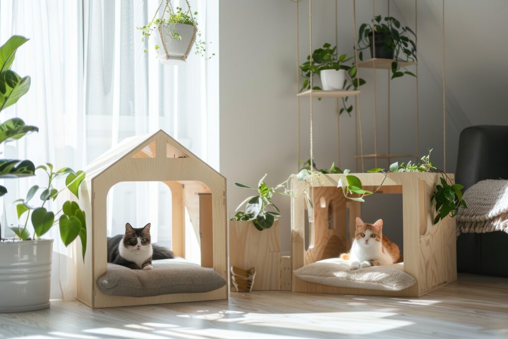 A Cat House Made With Plywood With Two Cats