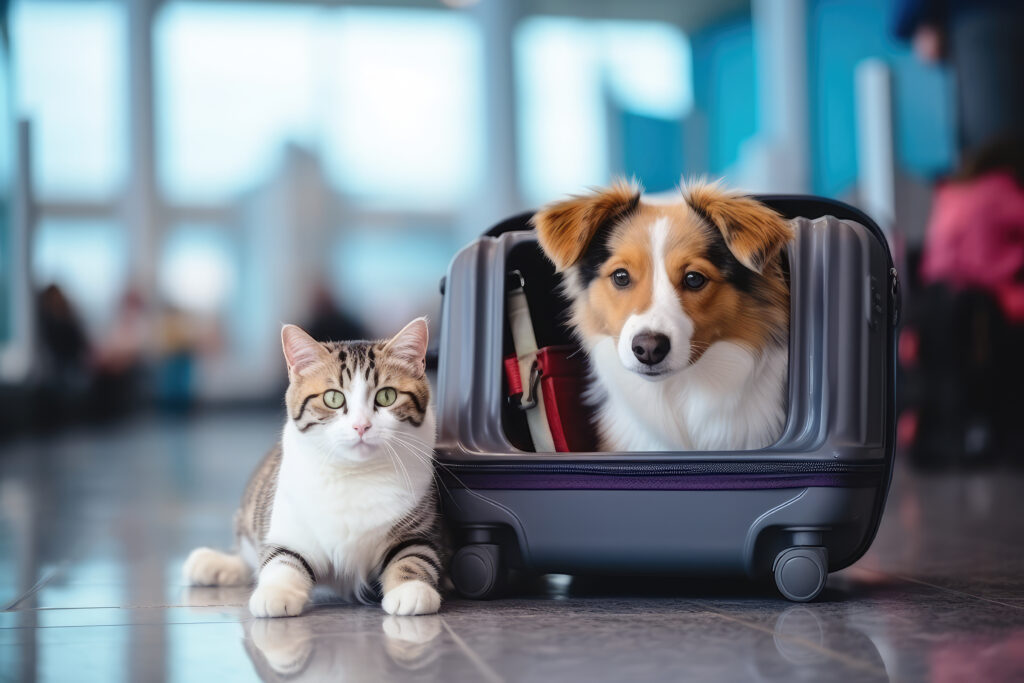 Pet Travel, Cat Vacation, Dog Tourist, Cat And Dog Next To Luggage