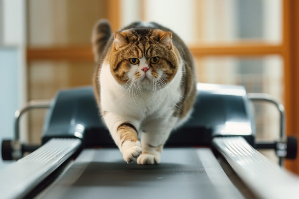 Fat Cat Runs On Treadmill In Gym